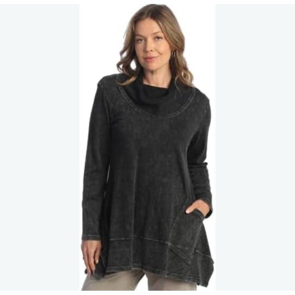 Jess & Jane Shirt Sz L Black Distressed Wash Asymmetrical Pocket Whimsey Goth